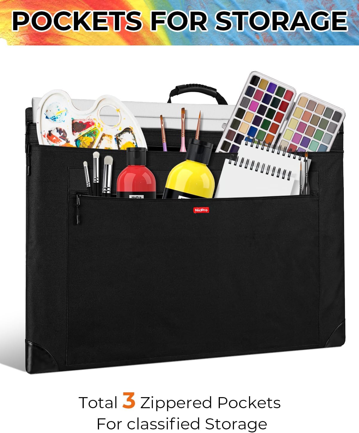 Nicpro Light Weight Art Portfolio Bag, 23x31 Black Art Canvas Portfolio Case with Detachable Shoulder Strap, Leather Corners, Carrying Storage Case for Artwork, Poster, Sketching, and Drawing