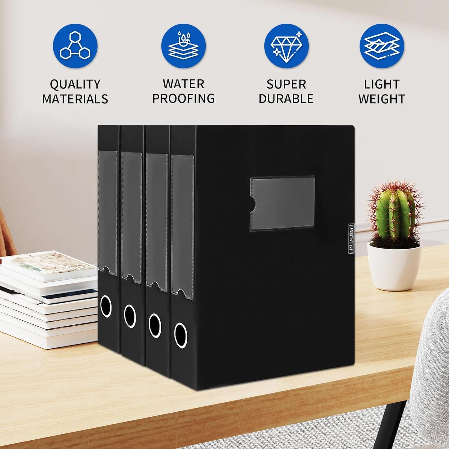 Plastic File Box Archive Storage Case with Lid, 12.2" × 9.4" × 1.6", Letter & A4 Paper, Office Document Organizer Case (Black, 4)