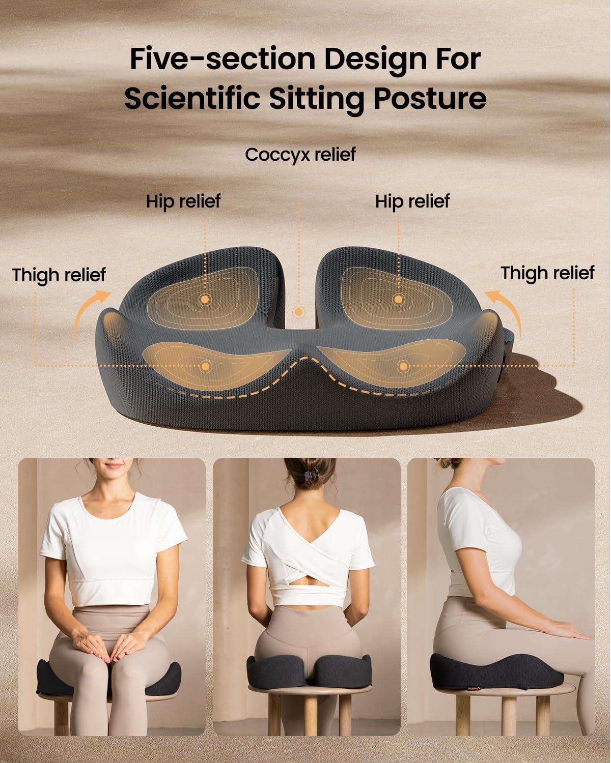 ProtoArc Seat Cushion, Office Chair Cushion for Sciatica, Coccyx Cushion, Ergonomic Memory Foam Seat Cushion for Car, Home, Pressure Relief Pad for Hip, Tailbone, All Day Comfort - Dark Gray