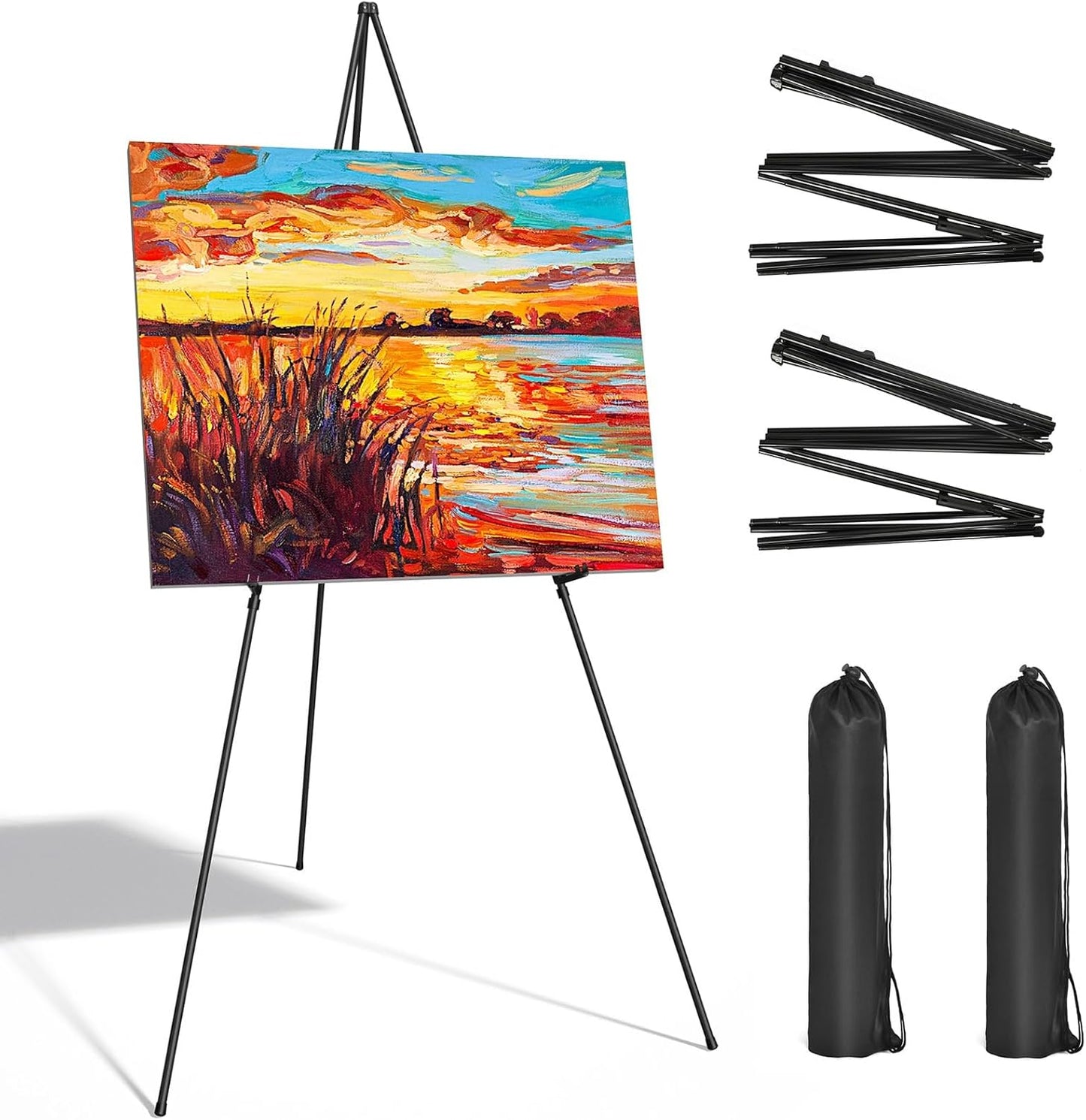 Display Black Easel Stands - 63" Artist Instant Tripod Collapsible Portable Floor Easels - Adjustable Art Poster Easy Folding Metal Stand for Display Show, Wedding, Painting - 2pack