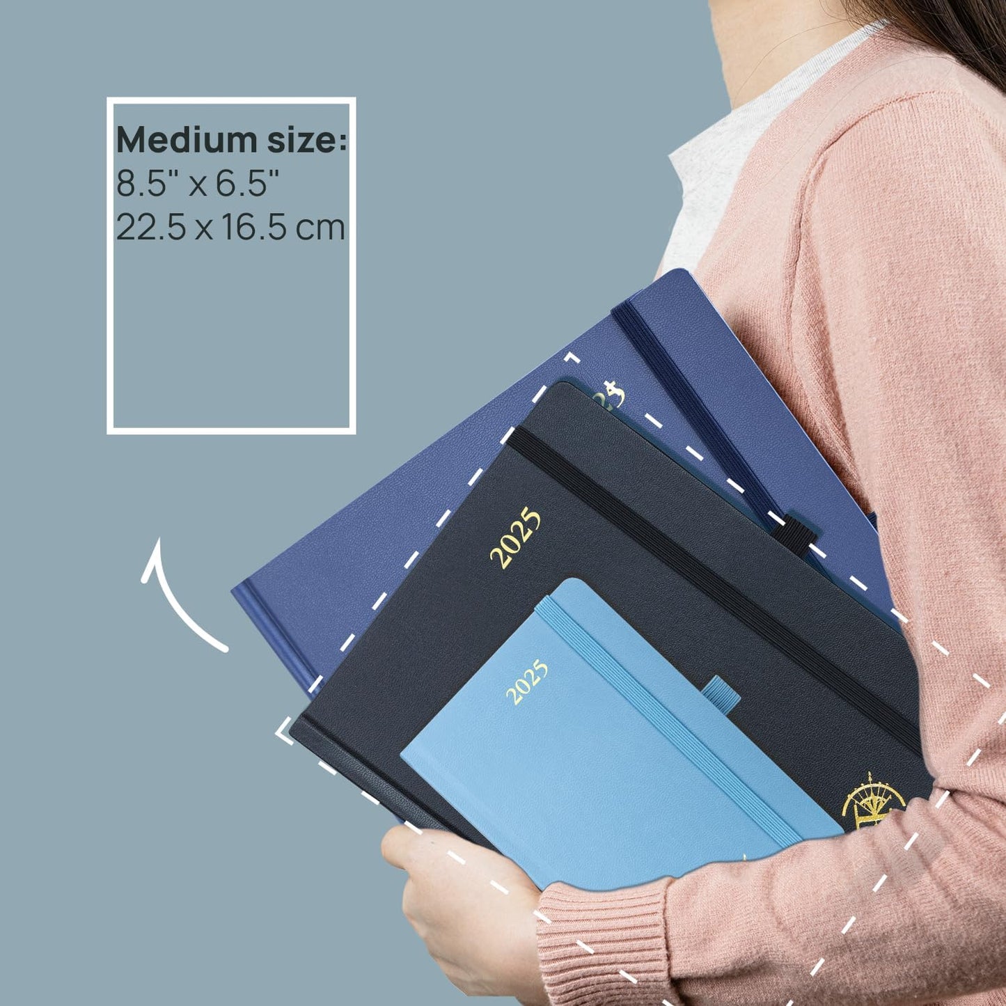 POPRUN 2025 Planner (Medium Size 8.5''x 6.5'' Hardcover) - Daily Weekly and Monthly Calendar Agenda 2025 Appointment Book with Hourly Time Slots, Monthly Tabs, 100 GSM - Pacific Green