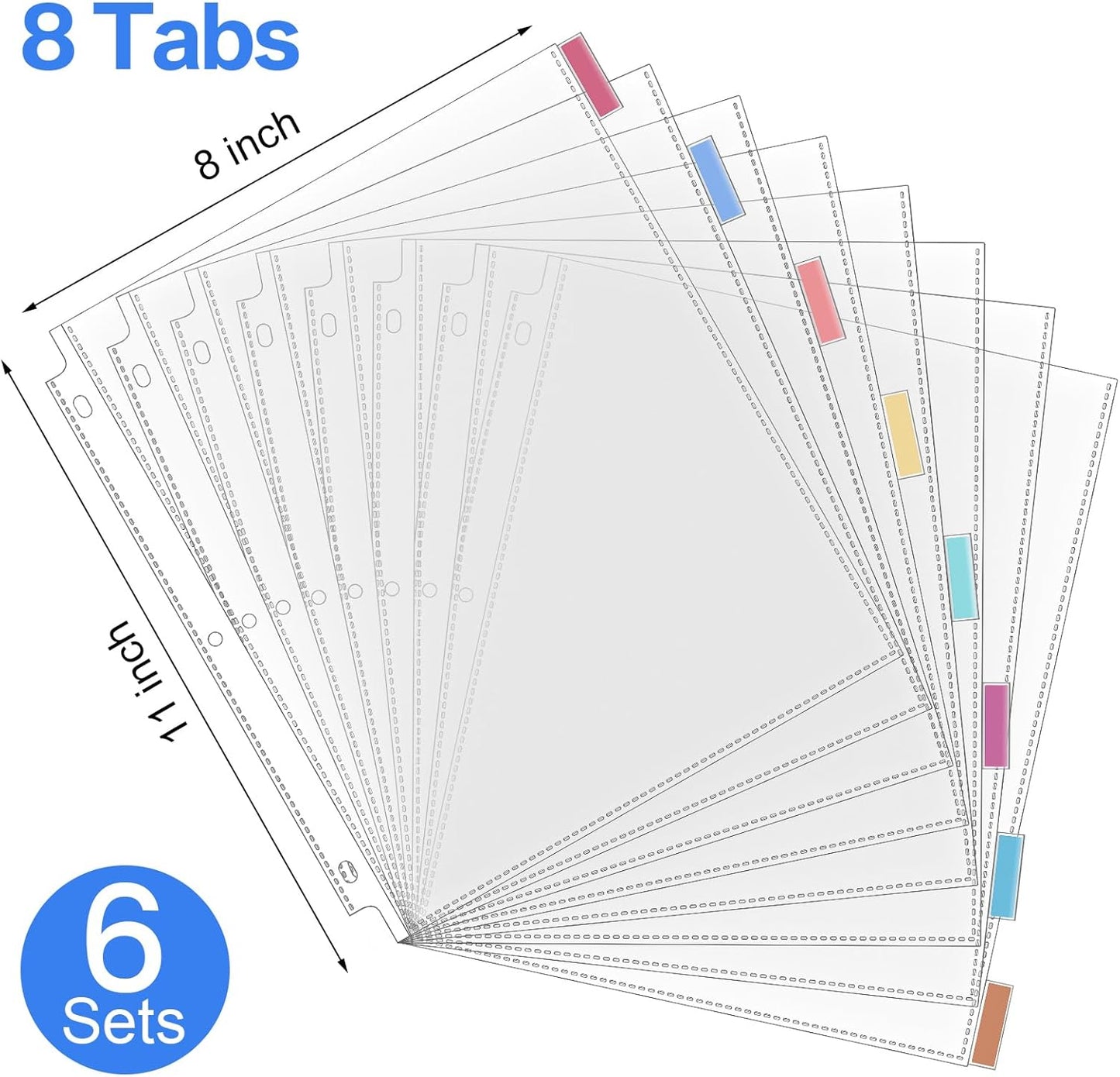 ReliThick 6 Set of 48 Pack Clear Sheet Protectors 8.5 x 11 Inch Page Protector for 3 Ring Binder with 8 Tabs Plastic Dividers for 3 Ring Binder, Insertable Index Page Divider Multicolor Tabs