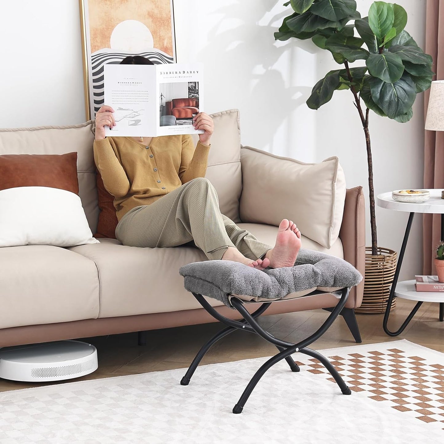 LITA Folding Upholstered Footrest Stool, Modern Small Portable Accent Ottoman with Detachable Thick Cotton Cushion Padded Sofa Stool with Metal Frame for Lazy Chair, Living Room & Bedroom, Plush Grey