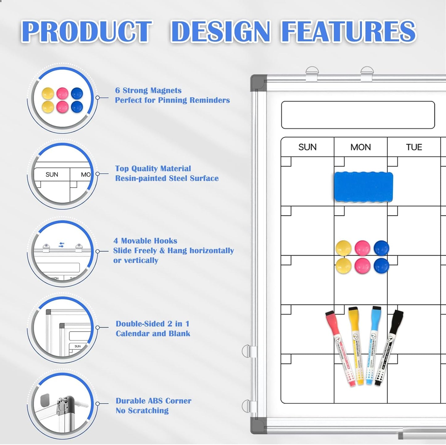 Monthly Calendar Dry Erase Whiteboard for Wall, 36" x 24" Double-Sided Calendar White Board, Magnetic Portable Board for Office, Kitchen, School, Home