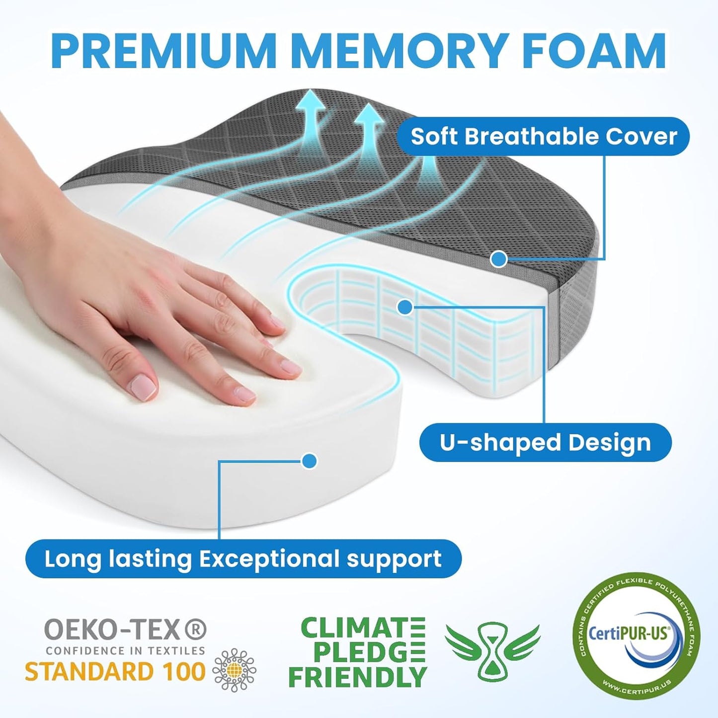 TushGuard Office/Car Seat Cushion, Non-Slip Sciatica & Back Coccyx Tailbone Pain Relief Chair Pad, Memory Foam Butt Pillow for Computer Desk, Wheelchair, Driving (Black&Grey, X-Large)