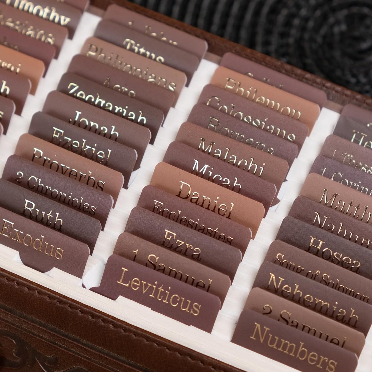 UPAFEXXI-Laminated Bible Tabs for Women and Men (Gold Foil Embossed Lettering) Reposition Large Print tabs, Easy to Read and Apply, 80 Bible Chapters Labels for Easy Navigation(Brown)