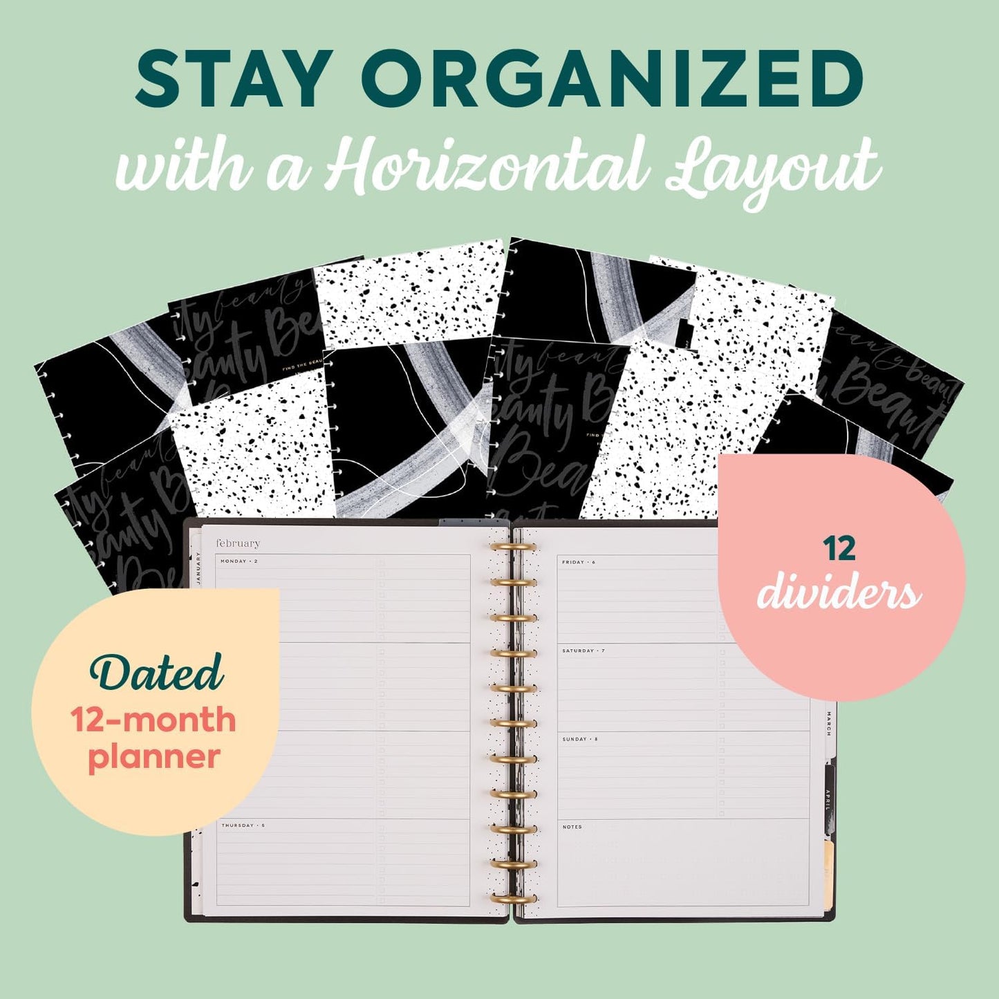 Happy Planner Disc-Bound Planner Jan.–Dec. 2026, Includes 3 Extra Months and 2 Sticker Sheets, Big Size, 8.5" x 11", Horizontal Layout, Modern Texture