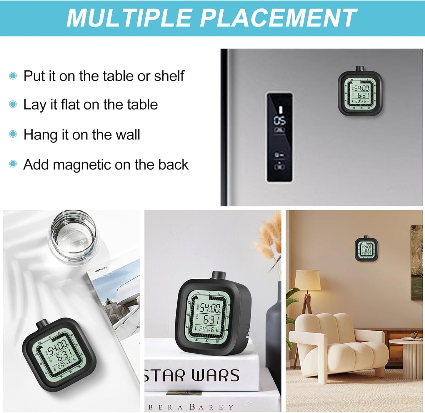 Visual Timer for Kids with Alarm Clock Countdown Count-up 1-60 Minutes Kitchen Timer Student Bathroom Shower Clock Training Timer with Digital Thermometer Hygrometer Black