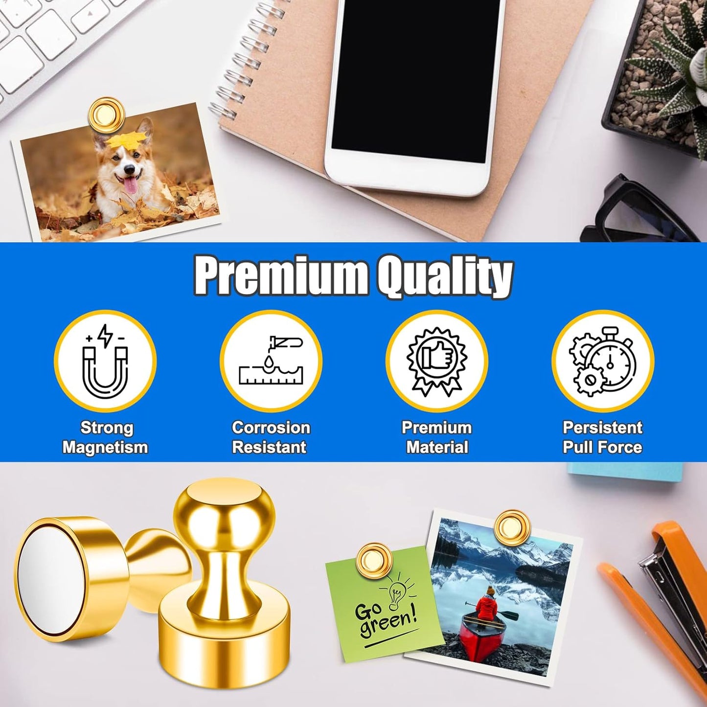 Strong Refrigerator Magnets, Whiteboard Magnets for Small Gold Push Pins, 18 PCS Magnetic Clips Heavy Duty for Desk Accessories, Kitchen Decor, Crafts, Locker, Map Decorative