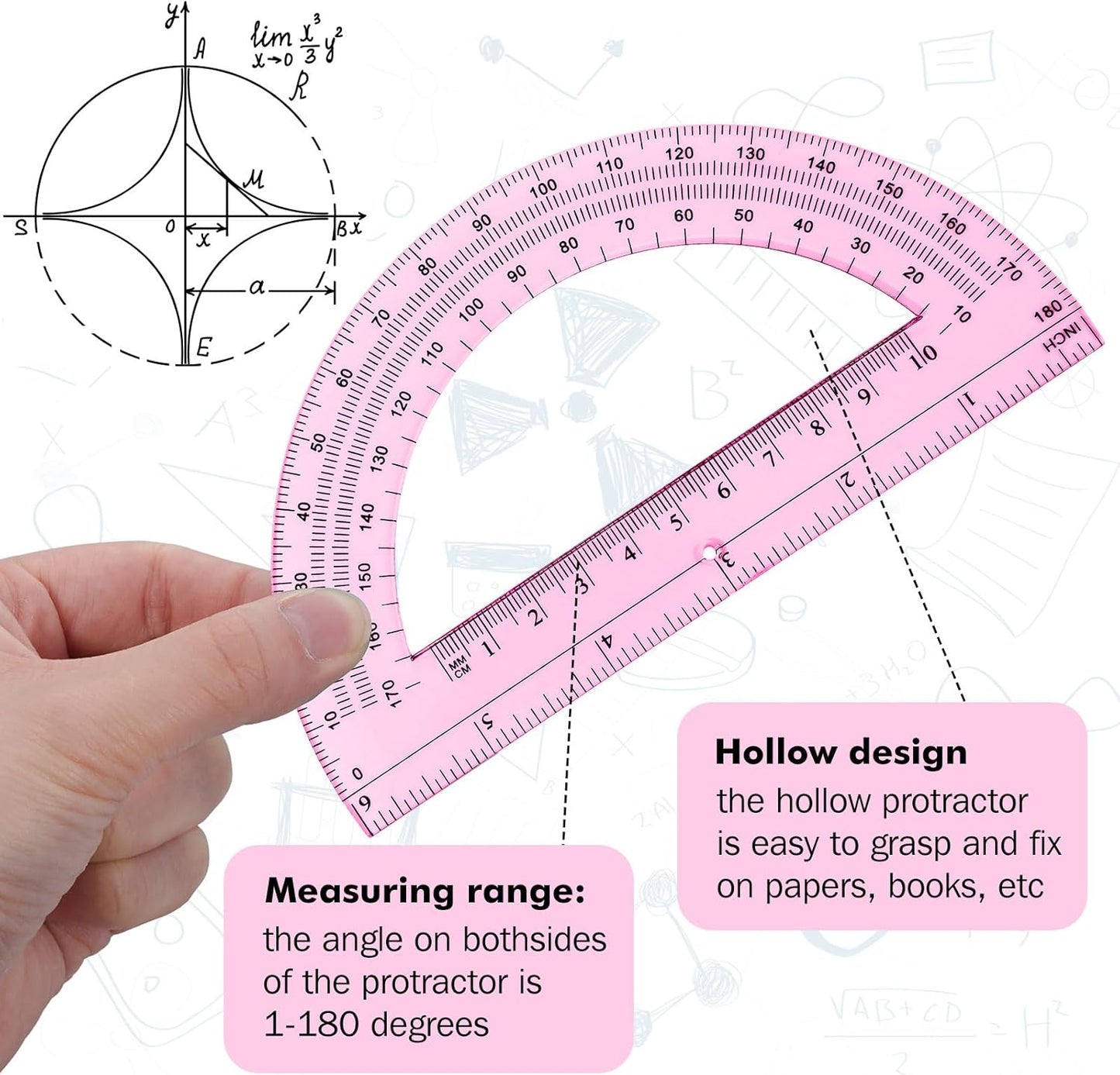 Zonon 2 Pcs 6 Inch Plastic Protractor Math Protractors 180 Degrees Angle Measurement, Translucent for Geometry Classroom Kid Student School Office Supplies(Light Pink)