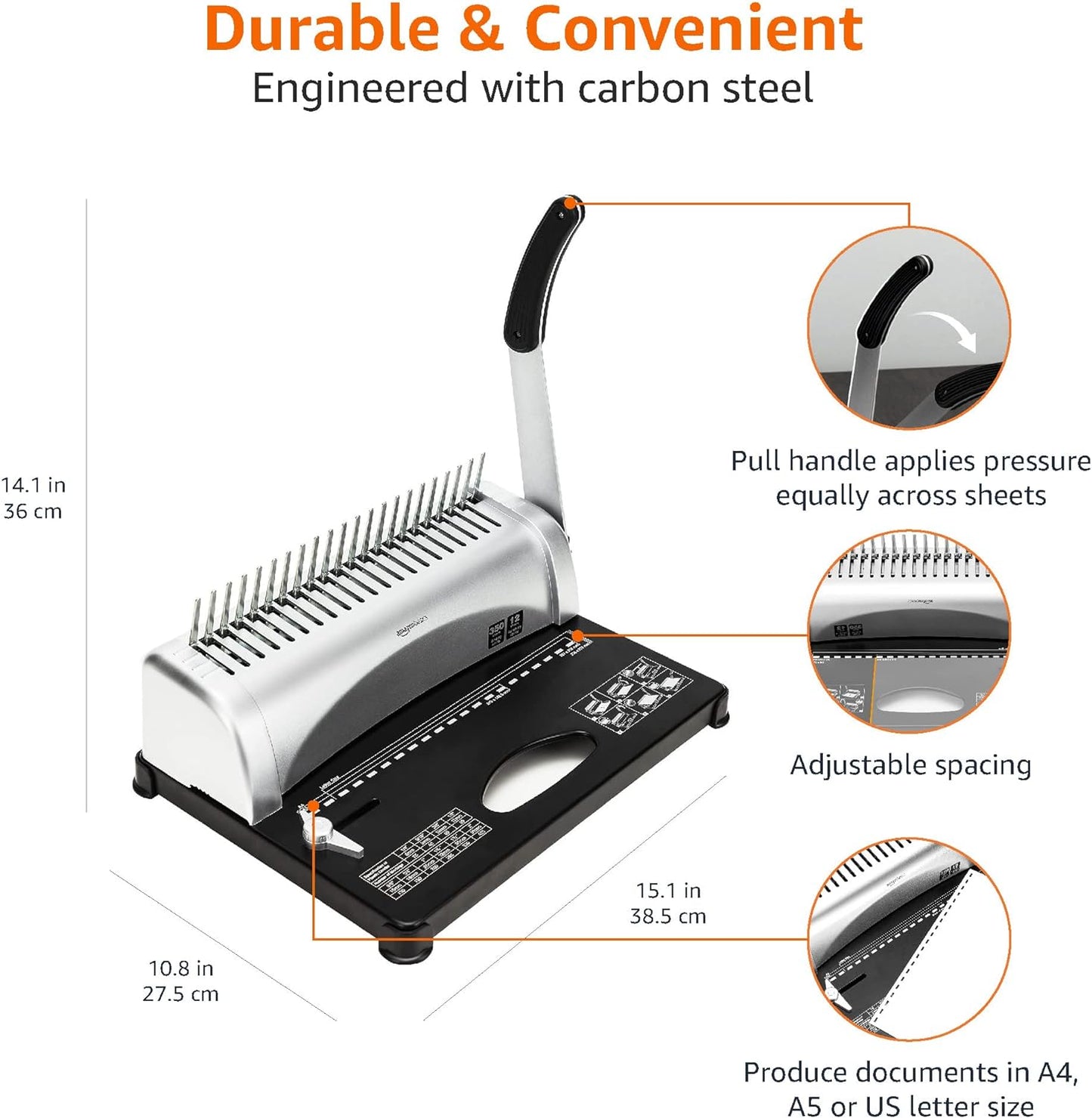 Amazon Basics Comb Binding Machine, 350 Sheets Capacity, for paper sizes A5(15 holes)/Letter(19 holes)/A4(21 holes) with Adjustable Margin, Grey
