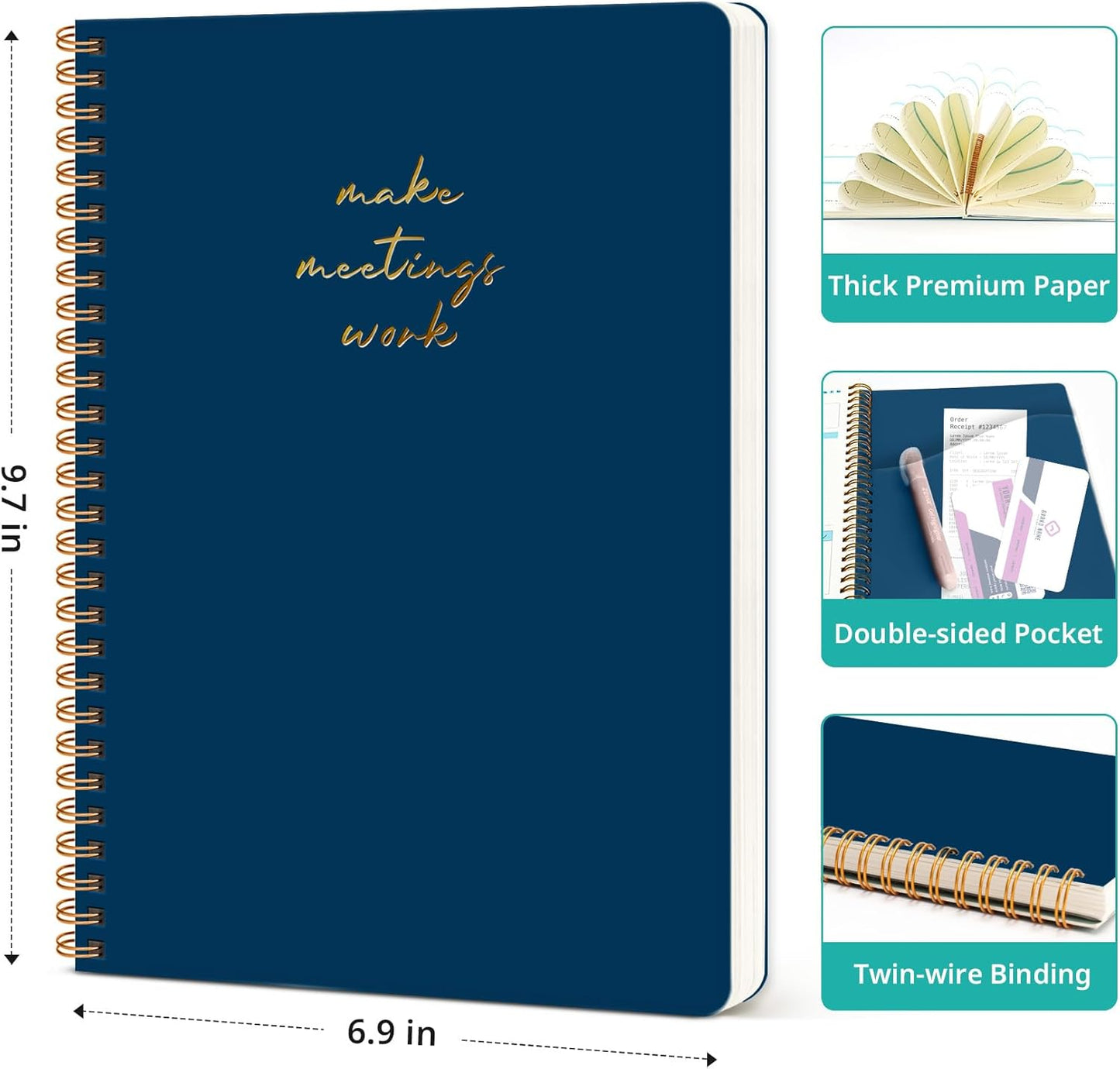 Taja Meeting Notebook for Work Organization - Work notebook with action items, Meeting Minutes Planner Notebook, Perfect Office Supplies for Men & Women - Navy Blue