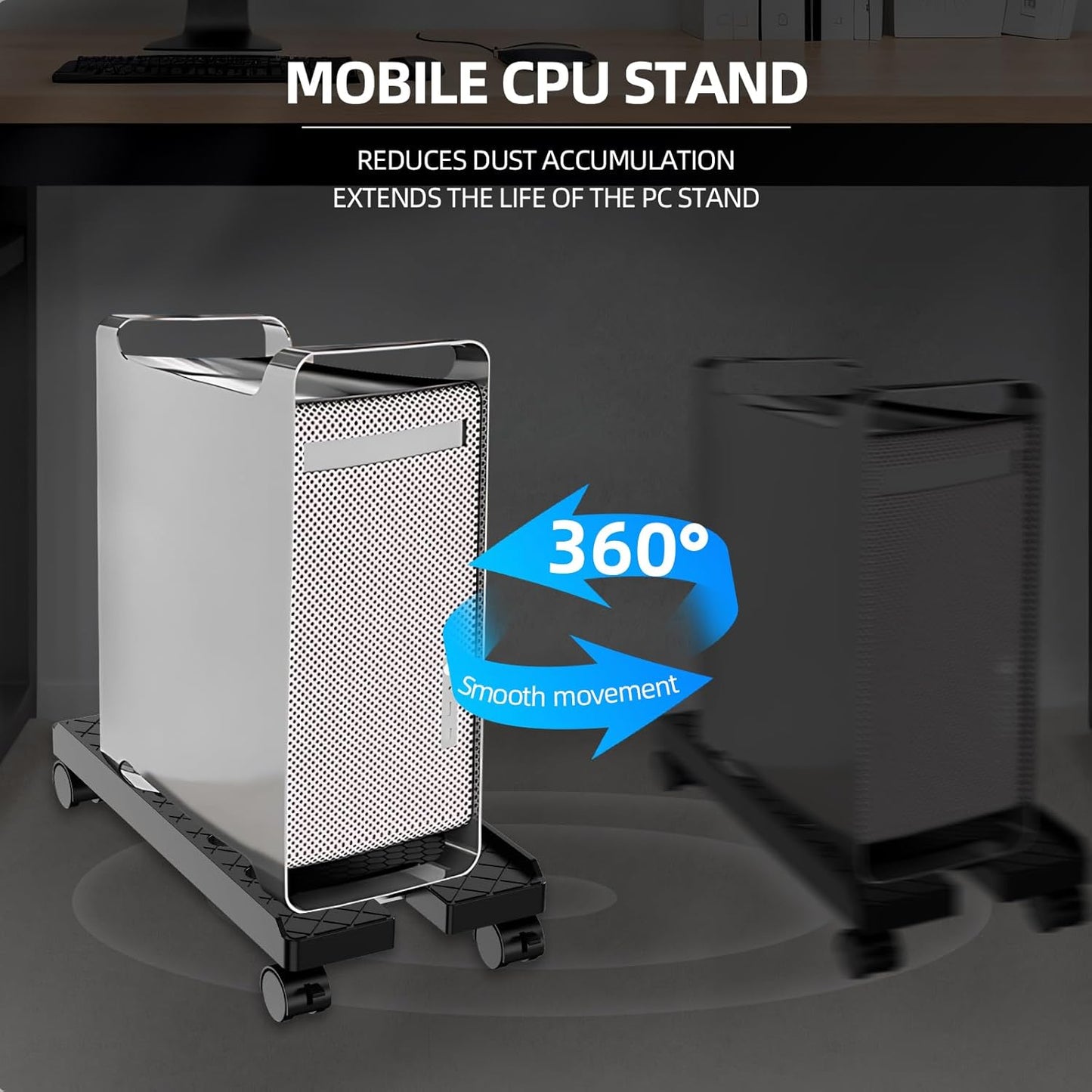 Adjustable Mobile CPU Stand, Ventilated Computer Tower Stand with 4 Caster Wheels Fits Most PC Tower, Under Desk CPU Holder PC Floor Cart Computer Riser for Gamers and Students (Large Black)