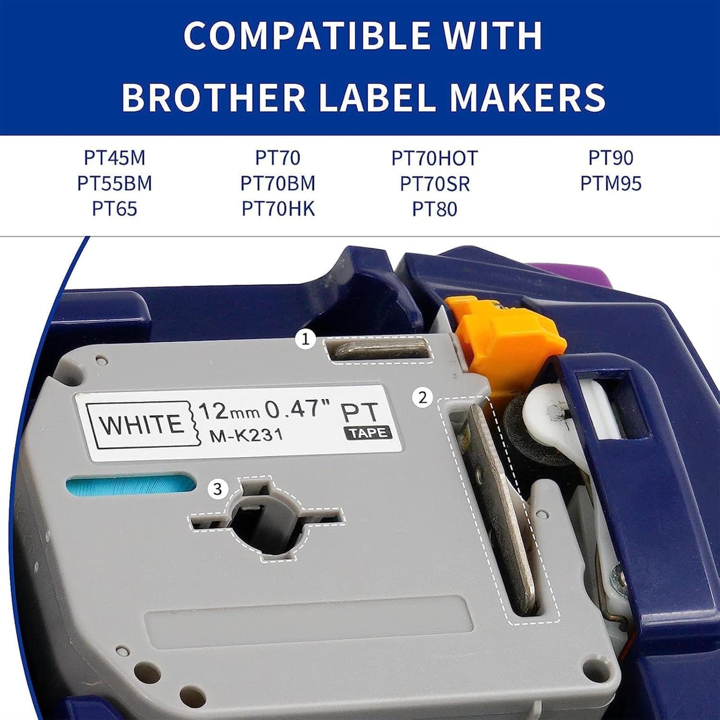 10 Pack M-K231 M Tape 12mm Compatible with M-K231s Brother Label Tape Black on White 0.47 Inch for P Touch PT-M95 PT95 PT65 PT-65 PT70 PT85 PT90 Label Maker Tape Refill