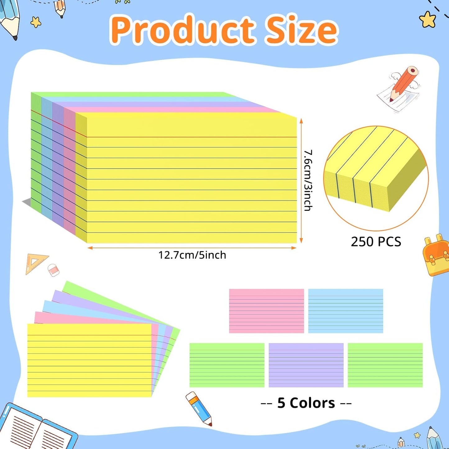 Index Cards 3 X 5 Inches, 250 Count, Colored Flash Cards For Studying, Lined Flashcards Notecards, Study Card, Ruled Front And Blank Back, Heavy Note Cards For Office, Home And School