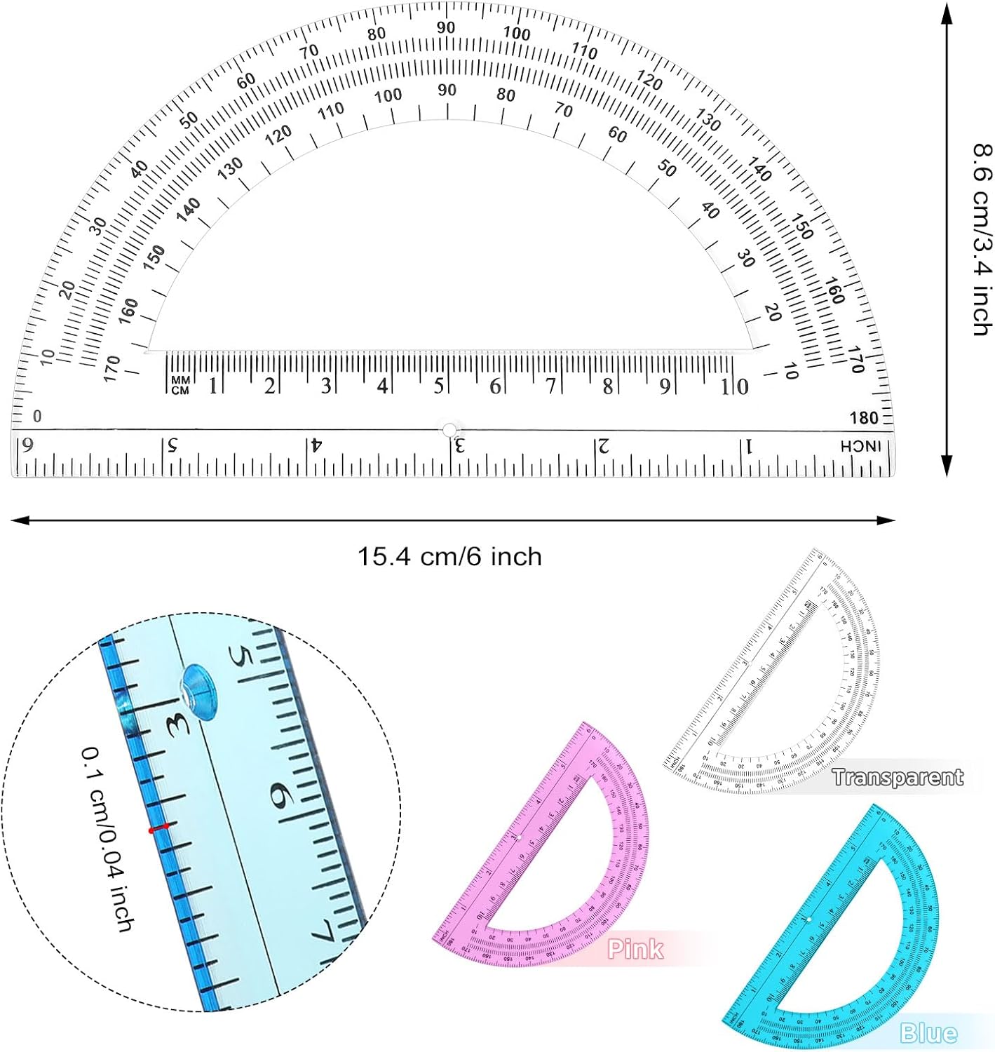 Zonon 3 Pack 6 Inch Plastic Protractor Back to School Protractors 180 Degrees Pink Blue Clear Protractors for Classroom Math Teacher Student Office Supplies
