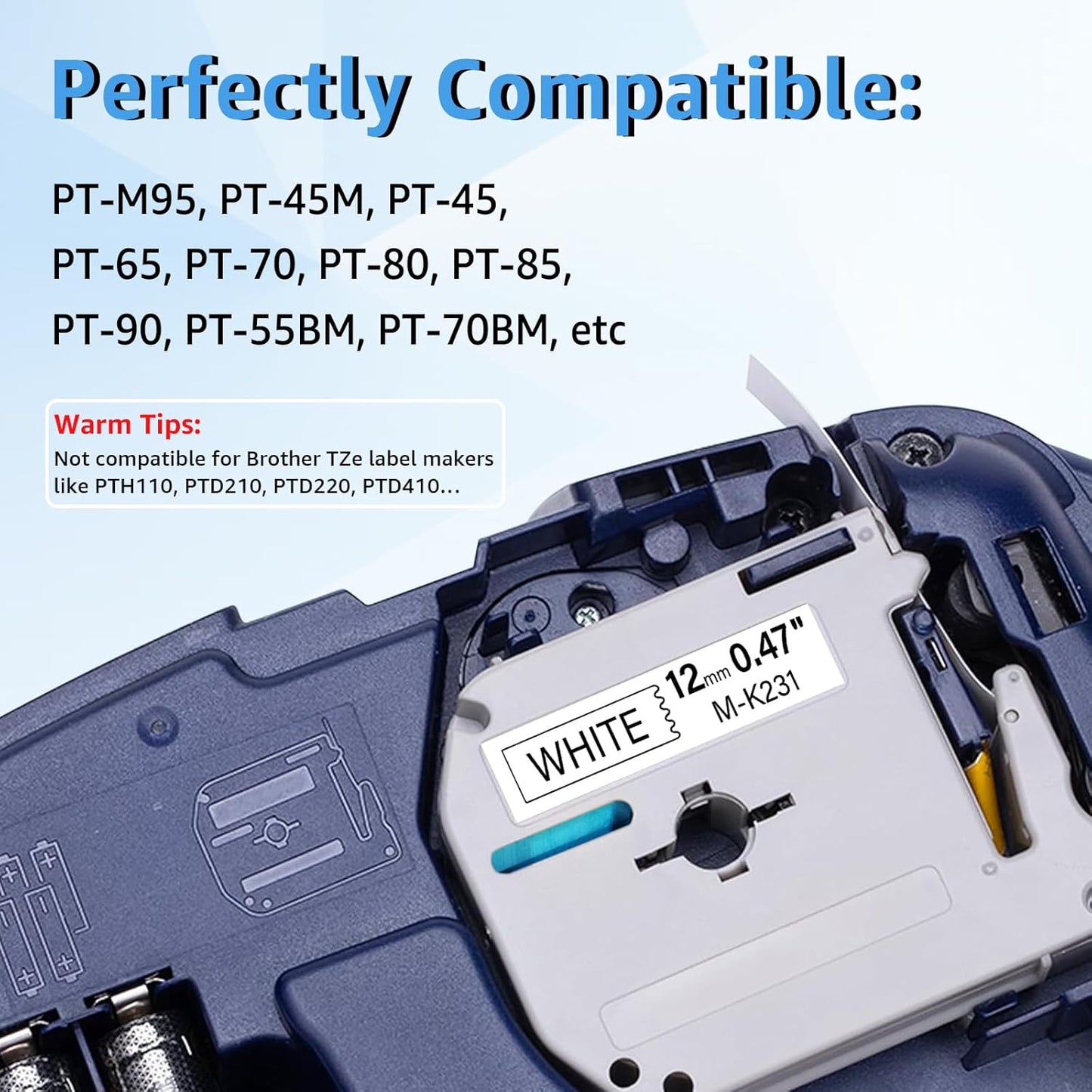 Compatible for Brother P-Touch M Tape M-K231 MK231 M231 MK-231 Black on White Label Tape 0.47" (12mm) x 26.2ft for PT-90 PT-M95 PT-70 PT-70BM PT-85 PT-80 PT-45 PT-65 Label Makers, 1 Pack