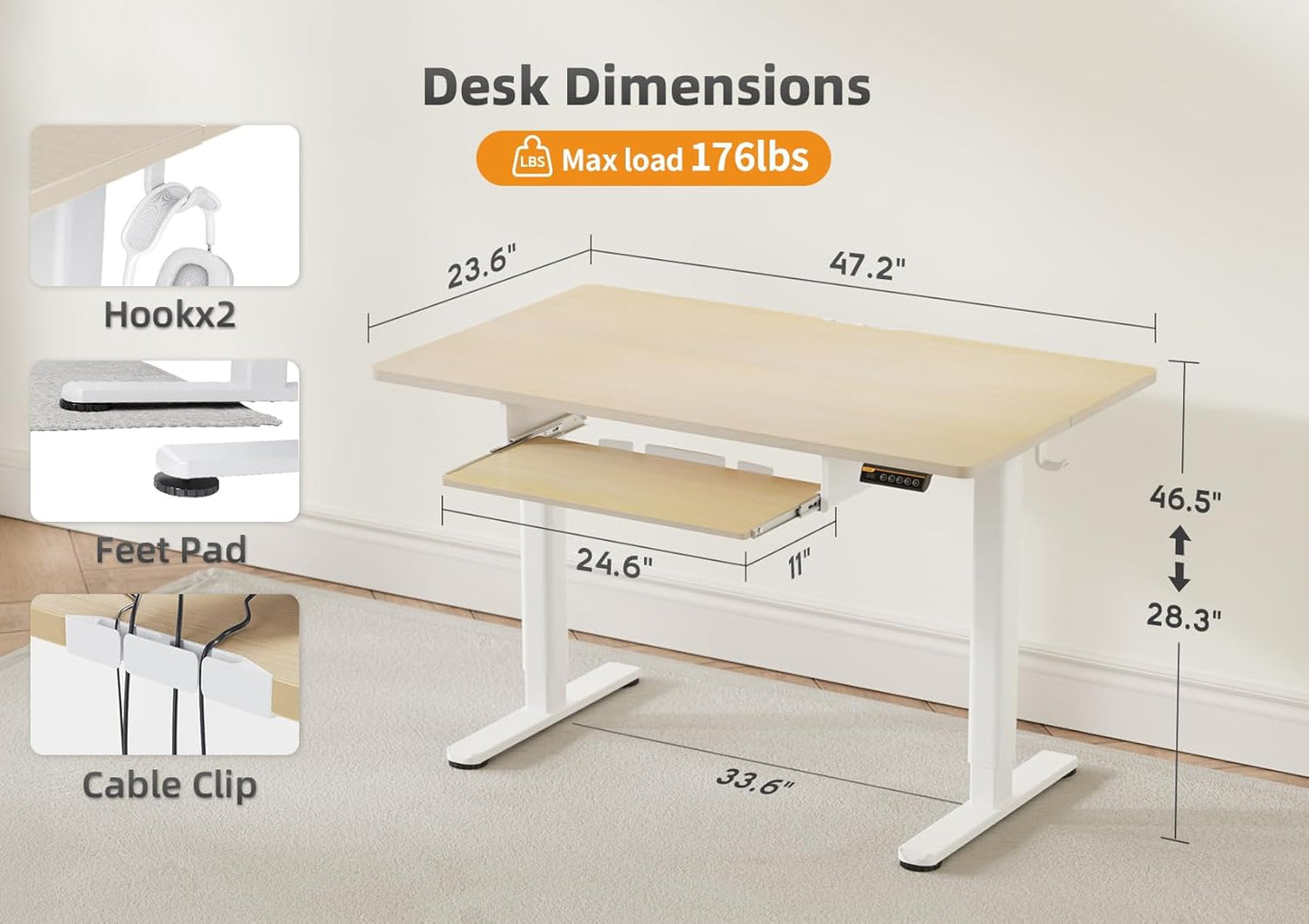 YDN Standing Desk with Keyboard Tray, 48 Inch Height Adjustable Desk with Cable Management, Natural Stand Up Desks for Home and Office, 48inch Natural