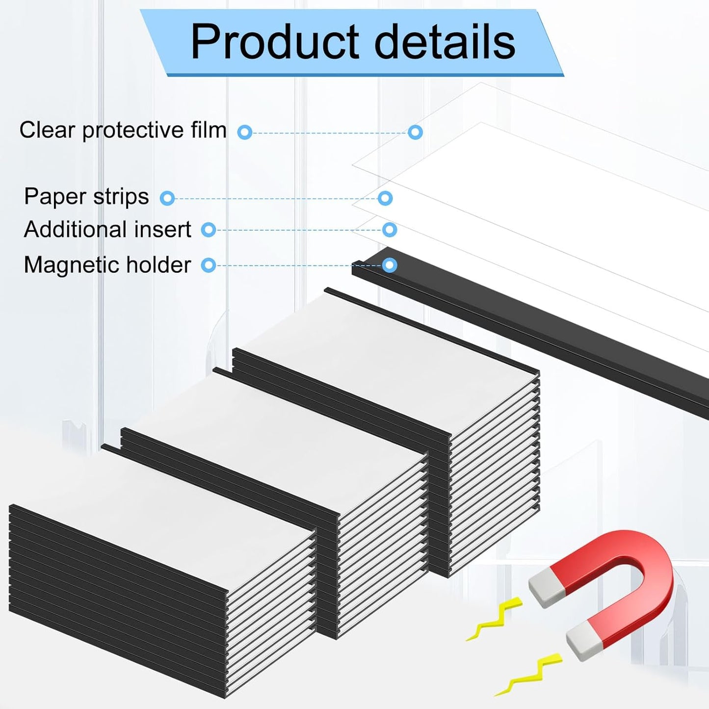 Glenmal 100 Pieces C Channel Magnetic Label Holders Set 3 x 5 Inch Magnet Shelf Label Holder with Protective Films and Replacement Strips for Metal Racks Whiteboard Name Tags