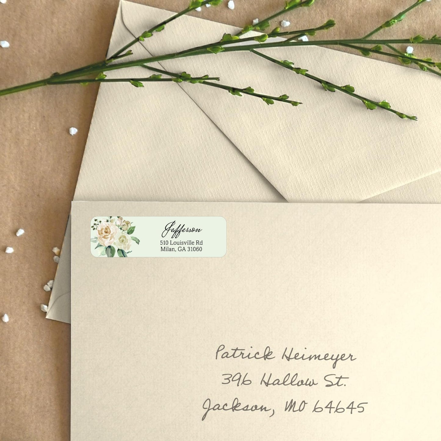 Green Watercolor Floral Rolled Address Labels / 250 Personalized Return Address Labels/Designer Address Stickers in Elegant Plastic Dispenser