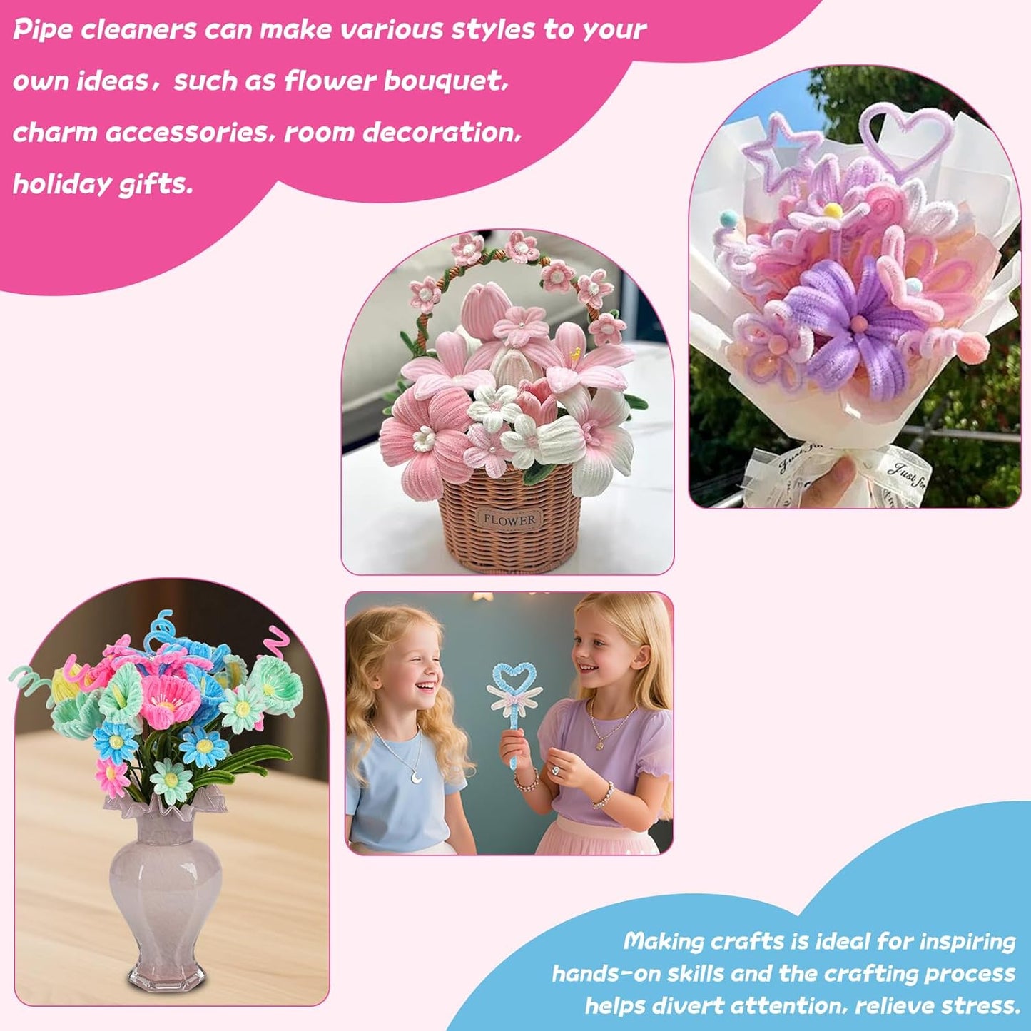 5 Mixed Macaron Colors Chenille Stems Bulk，400 Pcs Pipe Cleaners Craft with Floral Wires, Gardening Tape,Greeting Card,Bouquet Paper,Hot Glue Stick,Stamen & Ribbon，Ideals for DIY School Projects