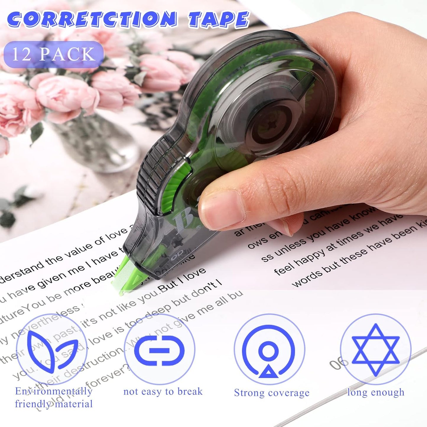 Yexiya 12 Pieces Correction Tapes Original Correction Wide Eraser Applicator Easy to Use Applicator Translucent Tapes Shows for Office Note Journal Scrapbooking, 0.2 Inch x 39.4 Feet