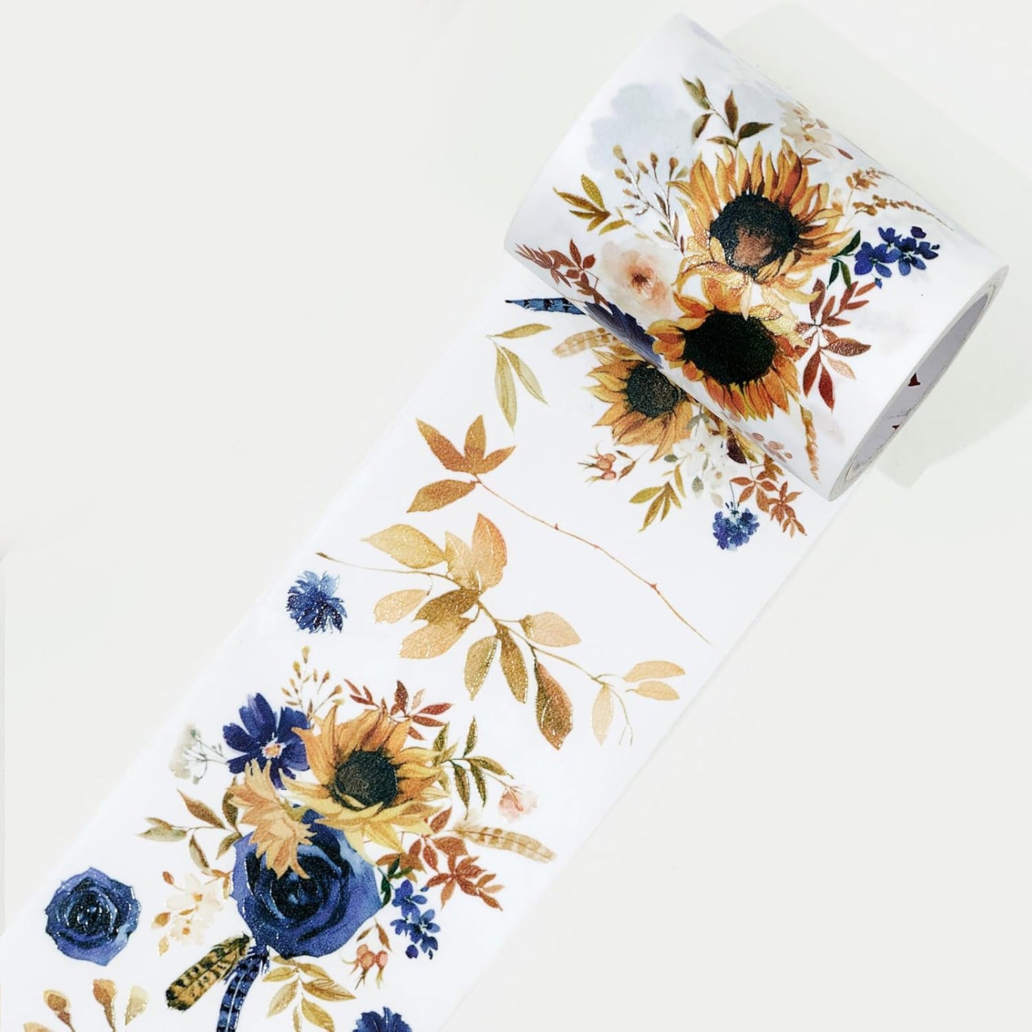 WT Sunflower & Navy Wide Washi Tape, 60mm Width, Single Roll, Floral Decorative Tape for Journaling, Planners, Bujo, DIY Crafts, Original Design Paper Tape