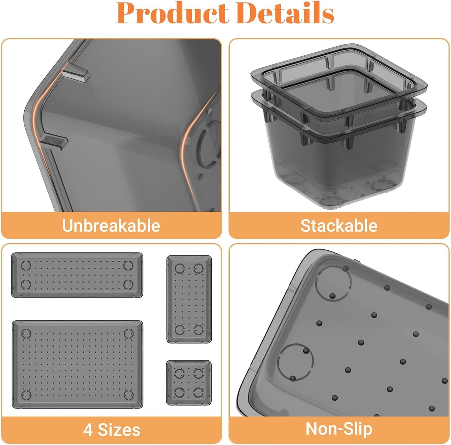 15 PCS Clear Plastic Drawer Organizer Set, 4-Size Acrylic Drawer Storage Trays, Storage Bins for Makeup, Gadgets, and Jewelry in Bathroom, Bedroom and Office, Clear Black