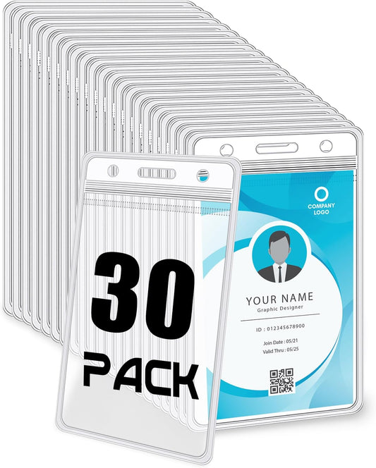 BESARME 30 Pack Vertical ID Badge Holders Clear Plastic Waterproof Card Holder Resealable for Office Worker Teacher