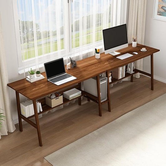 2-Person Writing Desk with Bookshelf - 110" Wooden Extra Long Home Office Work Table, Double Study Computer Workstation with Storage Shelves in Walnut, 110" W x 24" D