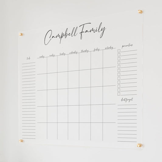 Personalized Clear Acrylic Calendar for Wall, Calendar Whiteboard for Wall, Dry Erase Wall Calendar, Wall Calendar Organizer System for Home (Cursive, Black, 47.5"W x 36"H)