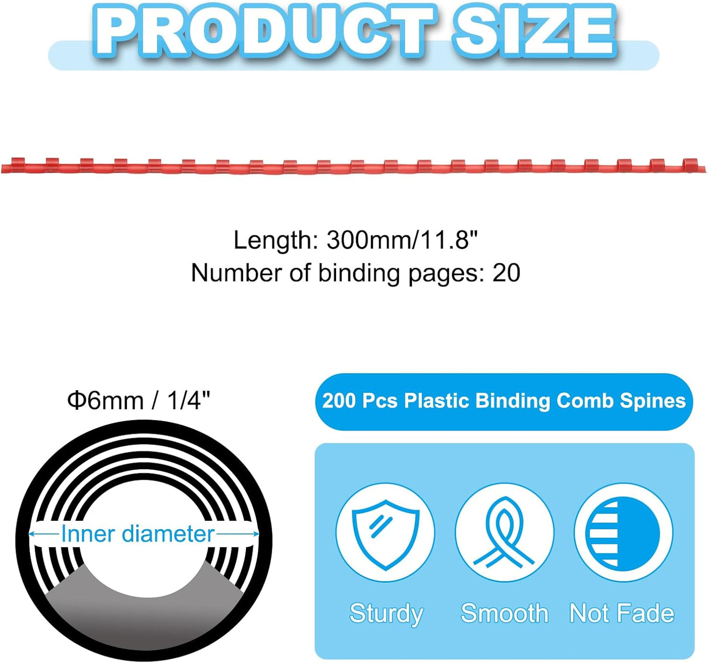 PATIKIL 6mm (1/4") Plastic Binding Combs, 200 Pcs 21 Rings Comb Binding Spines 20 Sheet Capacity Letter Size for Binding Paper Sheets Notebook Calendar Picture Album, Red