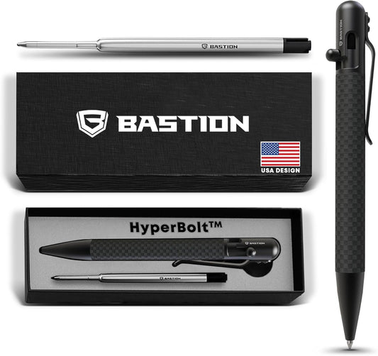BASTION® Luxury Carbon Fiber Bolt Action Pen Durable Professional Ballpoint Pen for Travel, School and Work Birthday Gift Idea - Black Stainless Steel