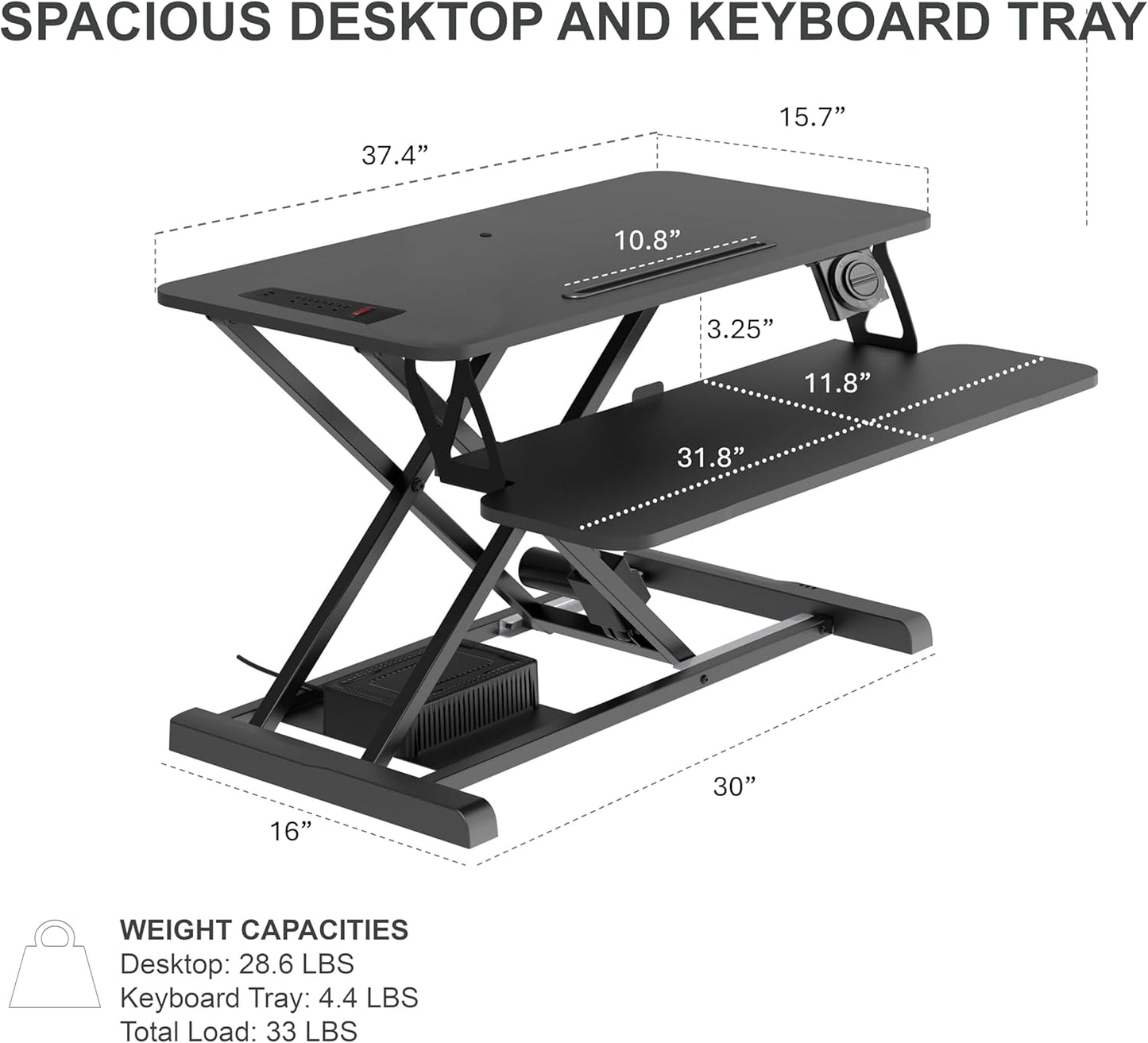 Rocelco 37.4" Electric Standing Desk Converter with Anti-Fatigue Floor Mat - AC USB Charger - Motorized Adjustable Sit Stand Up Computer Workstation Riser - Large Keyboard Tray - Black (R EDRB-MAFM)
