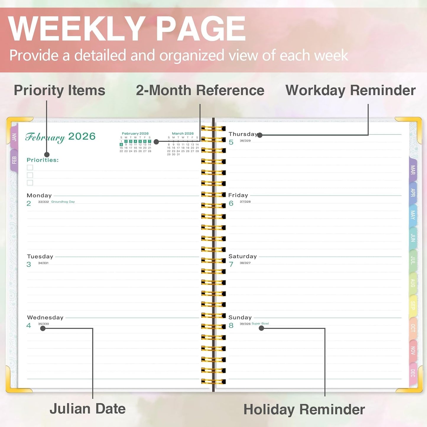 GuassLee Planner 2026 Daily Weekly and Monthly - A5 Planner from January 2026-December 2026, 6.1"x8.4" Aesthetic Agenda Planning Book with Back Pocket, Stickers, Coated Tabs, A5 Size