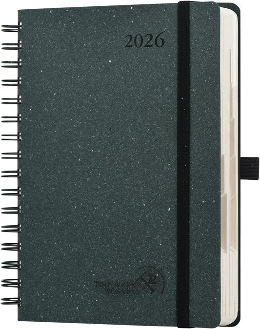 POPRUN 2026 Daily Planner One Page A Day - [5.75" x 8.5"-100% Recycled Materials Spiral Soft Cover] - 2026 Agenda with Monthly Calendar, Folded Inner Pocket - Black Grey