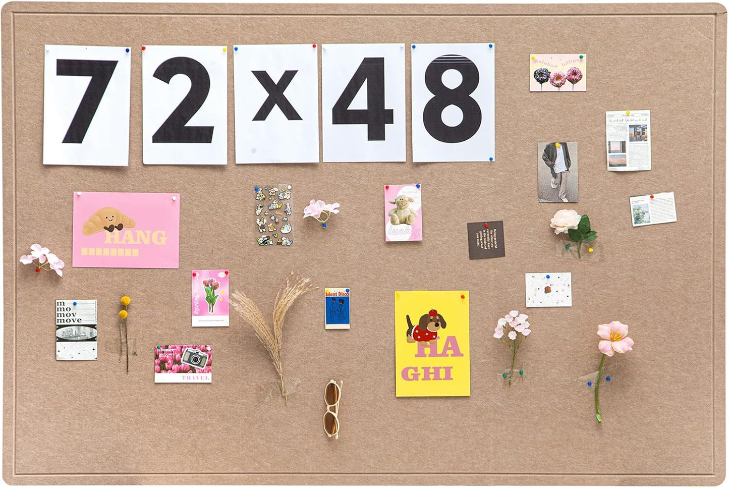 Foldable Large Felt Bulletin Board for Wall 72"x 48", Decorative Picture Framed Display Board with Self-Adhesive Tape for School, Home, Kitchen & Office Walls, Includes 30 Pins, Oatmeal