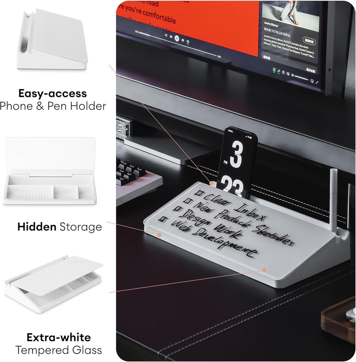 Glass Desktop Whiteboard with Storage 12"x6.5", Glass Whiteboard Desk Dry Erase Board w. 2 Markers,1 Eraser Monitor Mono Board, Office Desk Accessories, Work from Home Essentials