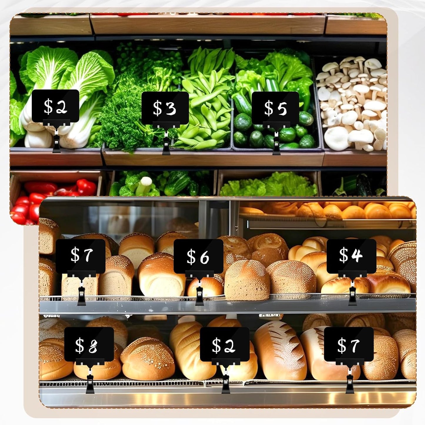 20 Pack Mini Plastic Chalkboard Sign, Price Tag Display with Rotating Clips, Double Head Rotating Merchandise Sign Clip Holder, Erasable Blackboard Holder for Business Supermarket Retail Display