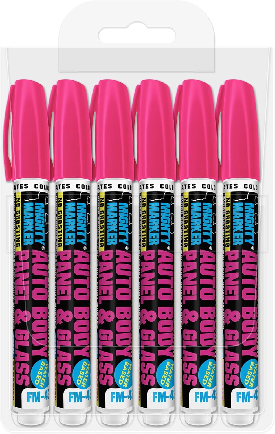 FM-43 Auto Body and Glass Paint Marker, No-Ghost, Highly Water-Resistant, 2.3mm Bullet Tip, Valve Action, 6 Bonus Reversible Tips, Made in USA - Fl. Pink 6 Pack