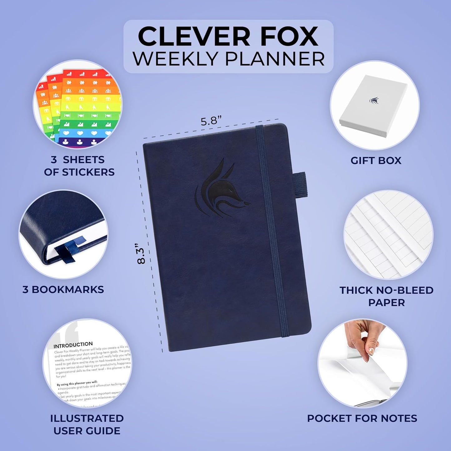 Clever Fox Planner – Undated Weekly & Monthly Planner for Productivity, Time Management & Goals – Organizer Journal – A5 (Dark Blue)