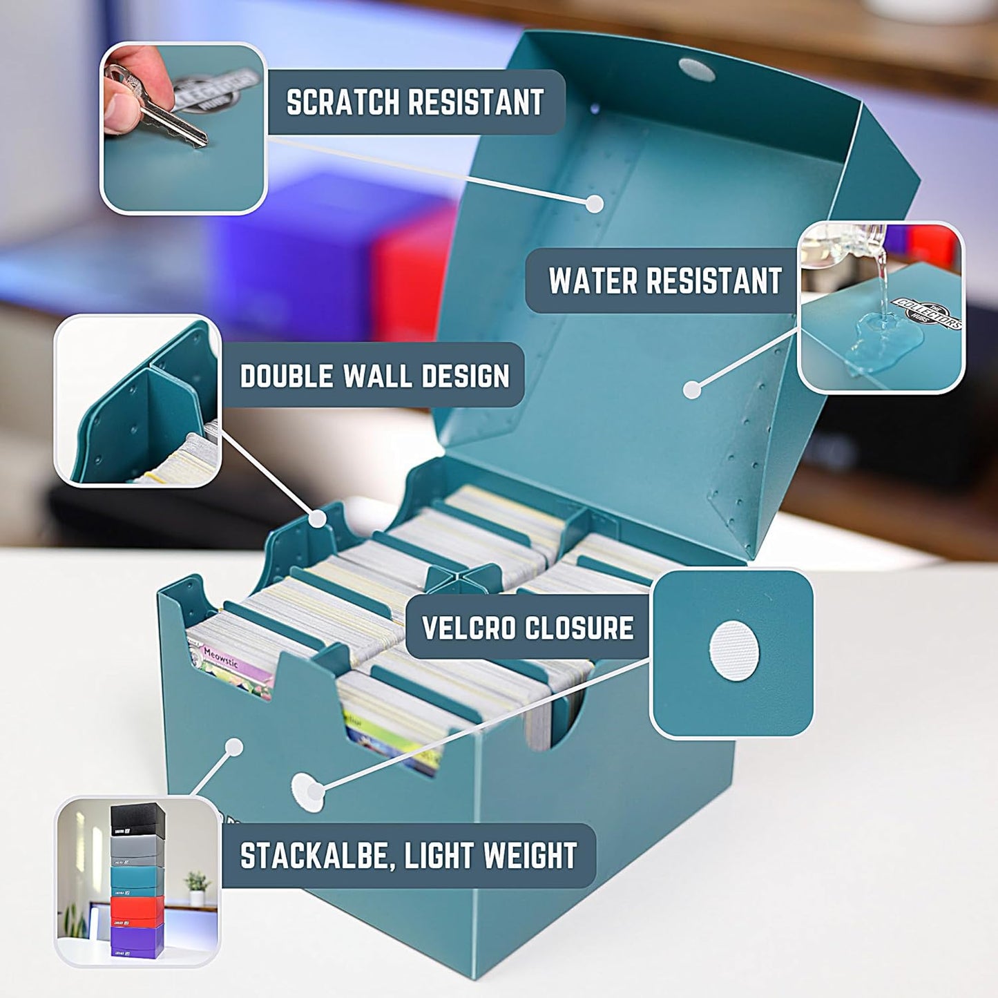 Trading Card Storage Box 800 - Teal | Card Box 800+ holds standard 35pt cards | 4-in-1 Compartments| Strong Double Wall Design | 8 dividers | Sports - Baseball Card Deck Box - Teal
