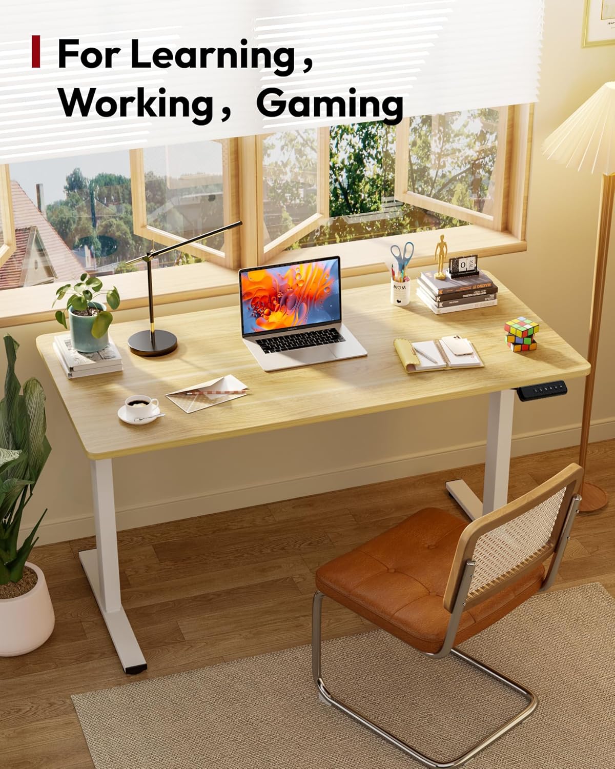 SANODESK Electric Standing Desk 48 x 24 Inches Whole-Piece Desktop Height Adjustable Stand Up Desk w/6-Button Controller Ergonomic Computer Desk for Home Office, White Frame + Natural Tabletop