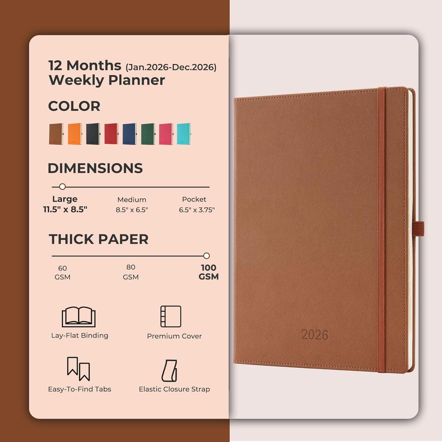Weekly Monthly 2026 Planner (Jan.26-Dec.26),11.5"x8.5",12 Months Agenda Plan with Month Tabs & Pocket,Expenses/Note Pages, Appointment Book Calendar with Hardcover Vegan Leather Cover,Brown