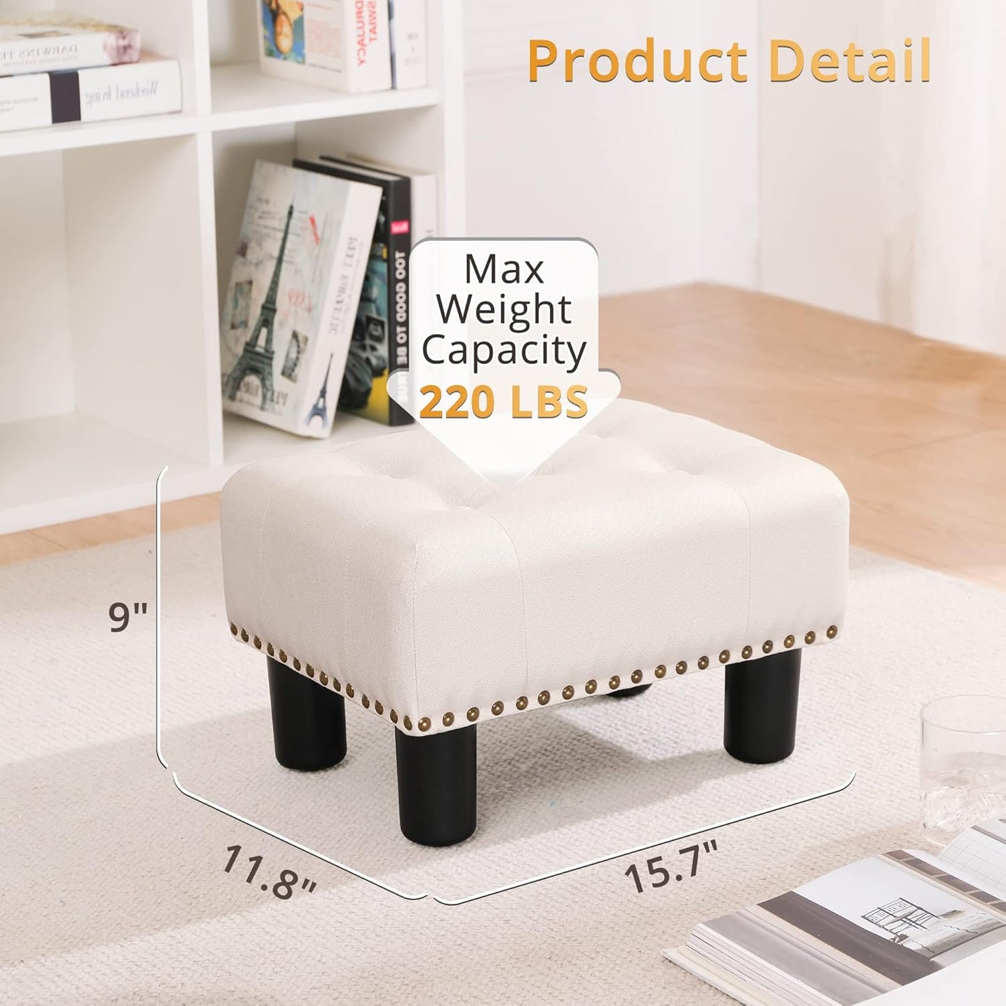 LUE BONA Small Tufted Foot Stool, Beige Rivet Fabric Ottoman with Plastic Legs, 9''H, Rectangle Footstool for Adult with Non-Slip Pads, Sofa Foot Rest for Living Room, Couch