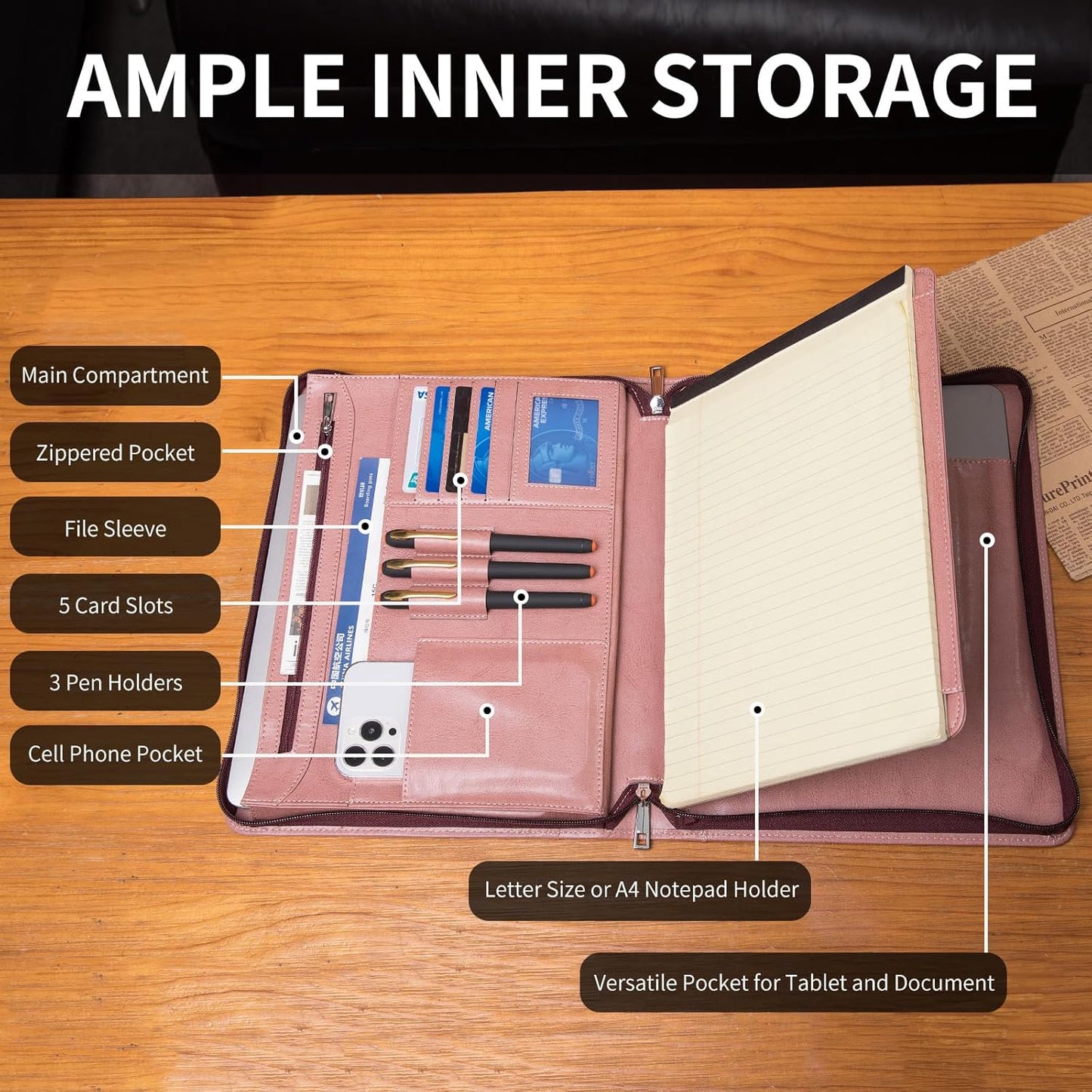 Personalized Vegan Leather Portfolio with Hidden Handle, Front Pocket, Custom Business Padfolio Tablet/13” Laptop Organizer, Professional Executive Document Folio, Pink