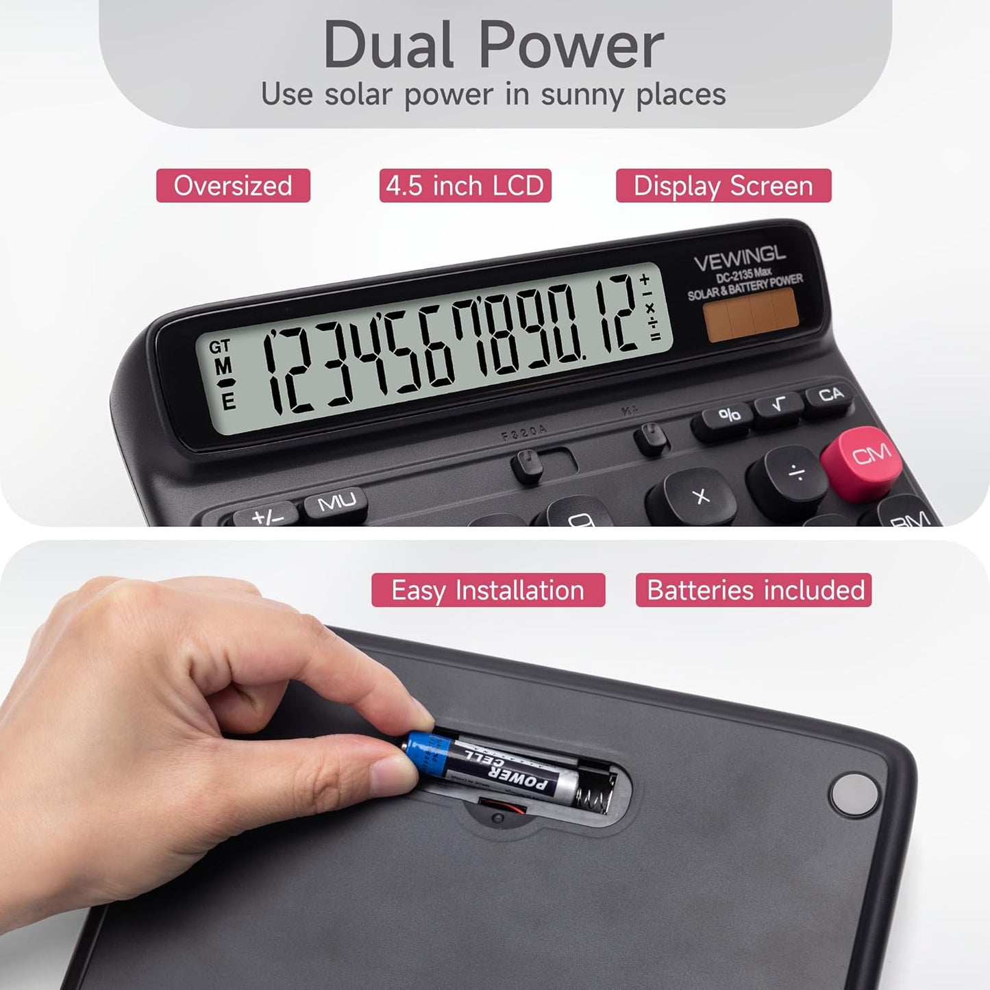 VEWINGL Desktop Calculator, 12-Digit Large LCD Display, Big Computer-Style Keys, Dual Power (Solar & Battery), Auto Sleep Mode, for Office, School, Home & Business 7.5″ x 6.1″ (Black, L)