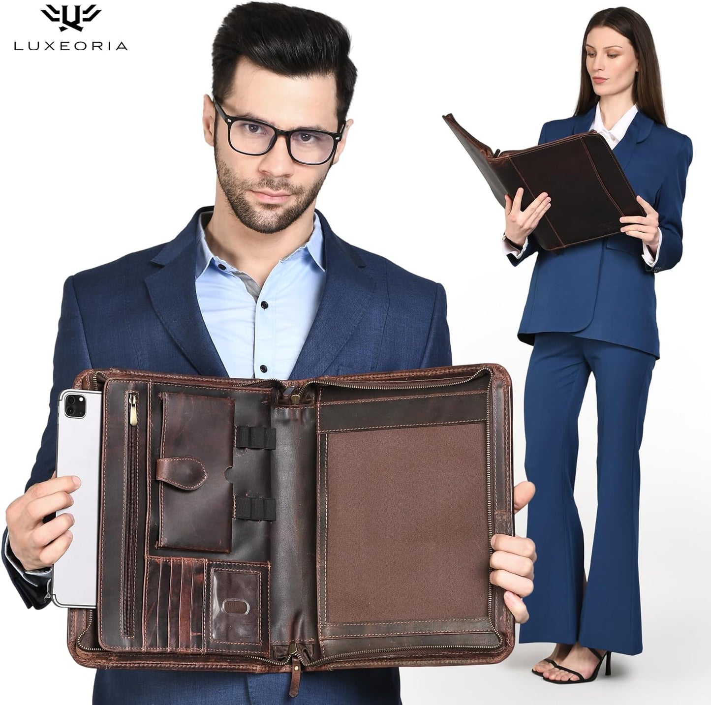 Leather Portfolio Binder, Professional Organizer Padfolio – Resume Folder, Business Card & Document Holder, Portfolios for Men & Women, Office & Business Supplies by Luxeoria | (Large - Brown)