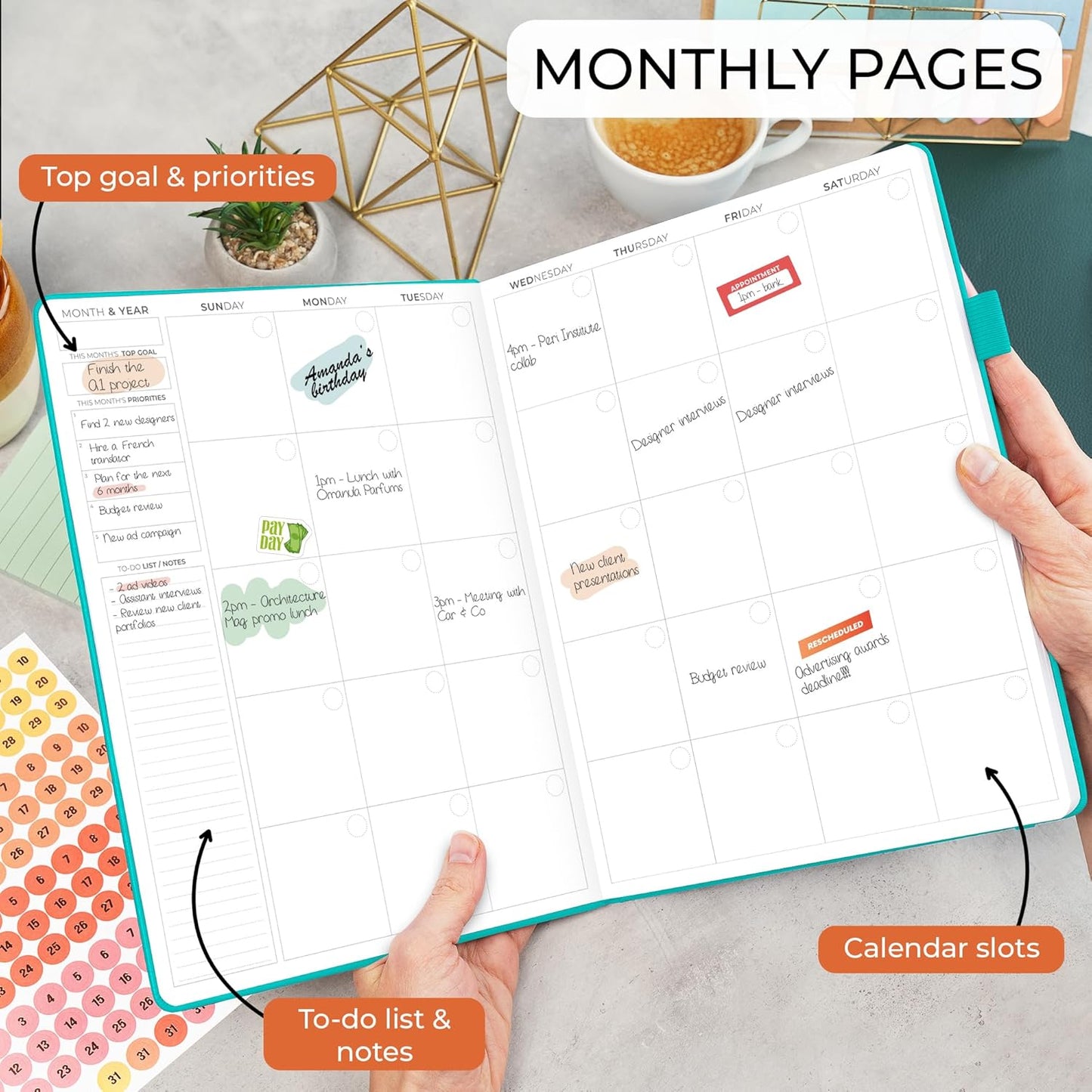 Clever Fox Appointment Book – Hourly Schedule Planner with 15-Minute Increments – Time Box Planner for Daily Work & To-Dos – Weekly & Monthly Spreads, Undated, Hardcover, 8.3x11″ (Turquoise)