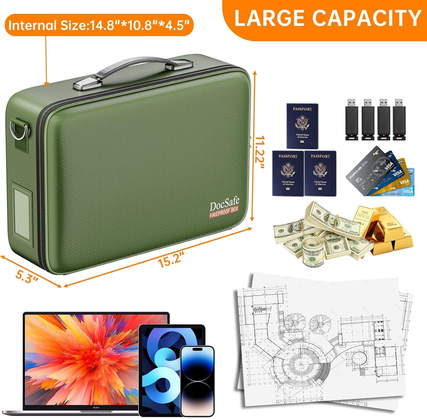 DocSafe Fireproof Document Box with Lock, Hard Case File Organizer with Accordion File Folder, Fireproof Water Resistant Safe Box Home Office Travel Storage for Important Documents Laptop Green